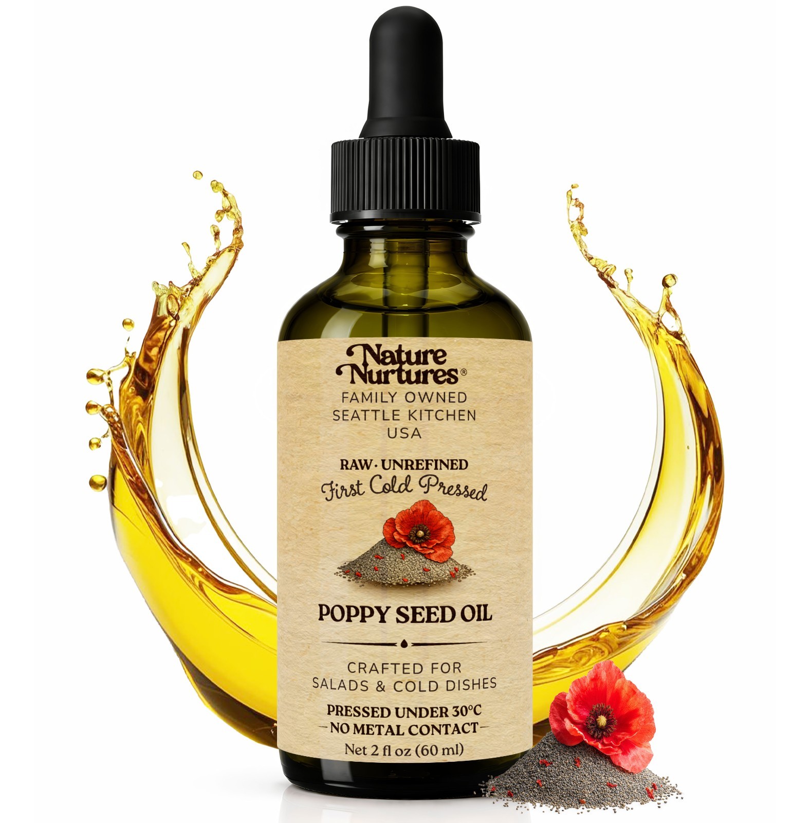Poppy Seed Cooking Oil Unrefined First Cold-Pressed Below 30C Made in USA