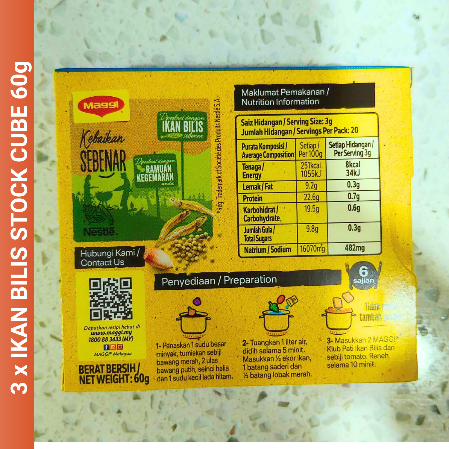 3 Packs 60g MAGGI Anchovies Ikan Bilis Stock Cube Flavor for Soups,Rice Noodles