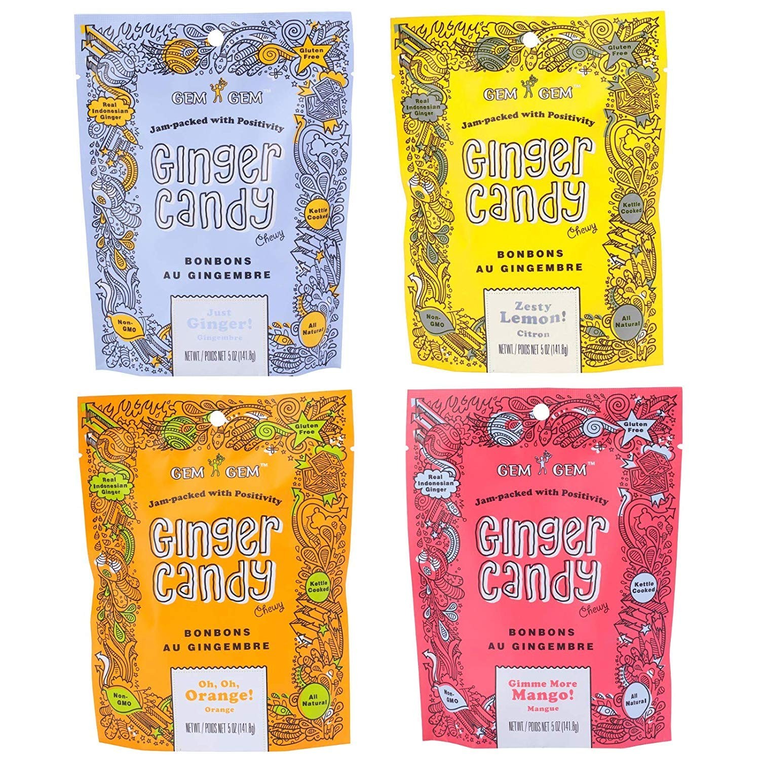 Assorted Ginger Chews (4-Pack)- (4) 5oz Bags – ORIGINAL, MANGO, LEMON & ORANG…