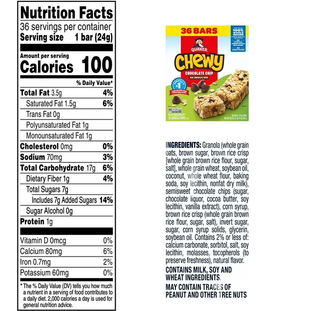Quaker Chewy Granola Bars, Chocolate Chip Flavor, 0.84 oz, 36 Count FRESH