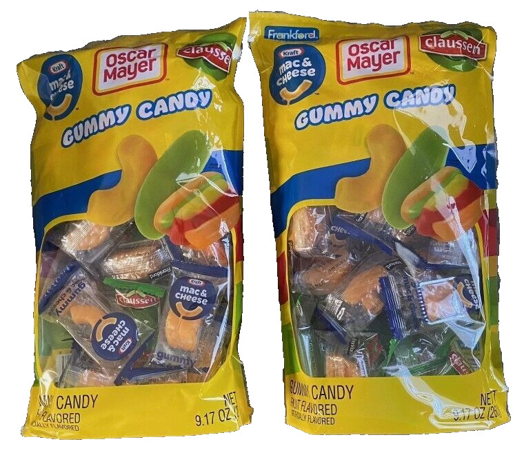 2 NEW NOVELTY CANDY GUMMY MAC N CHEESE OSCAR MAYER WEINERS CLAUSSEN PICKLES