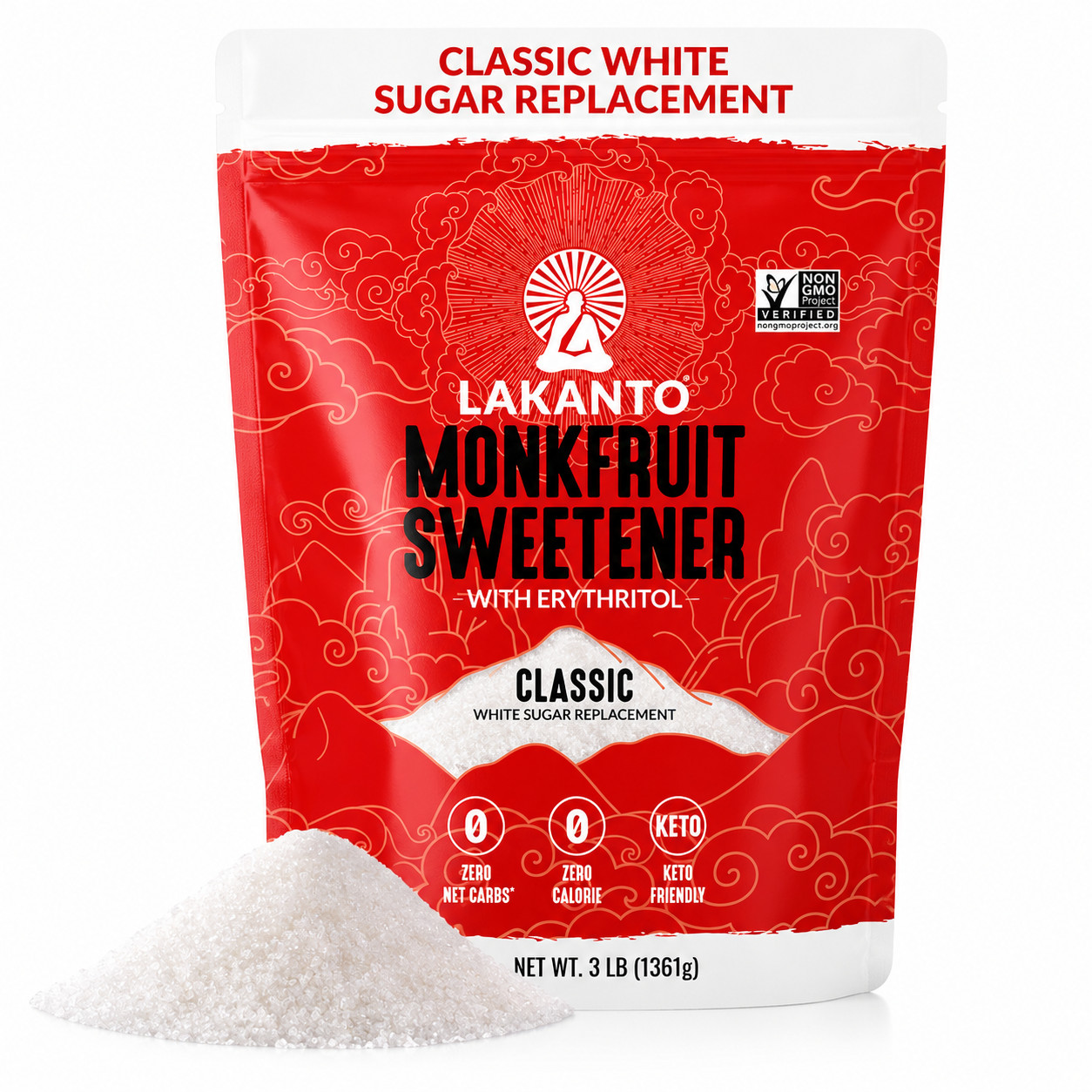 Lakanto Monk Fruit Sweetener Keto Sugar Replacement Low Carb Non GMO 1 PK | 3 lb