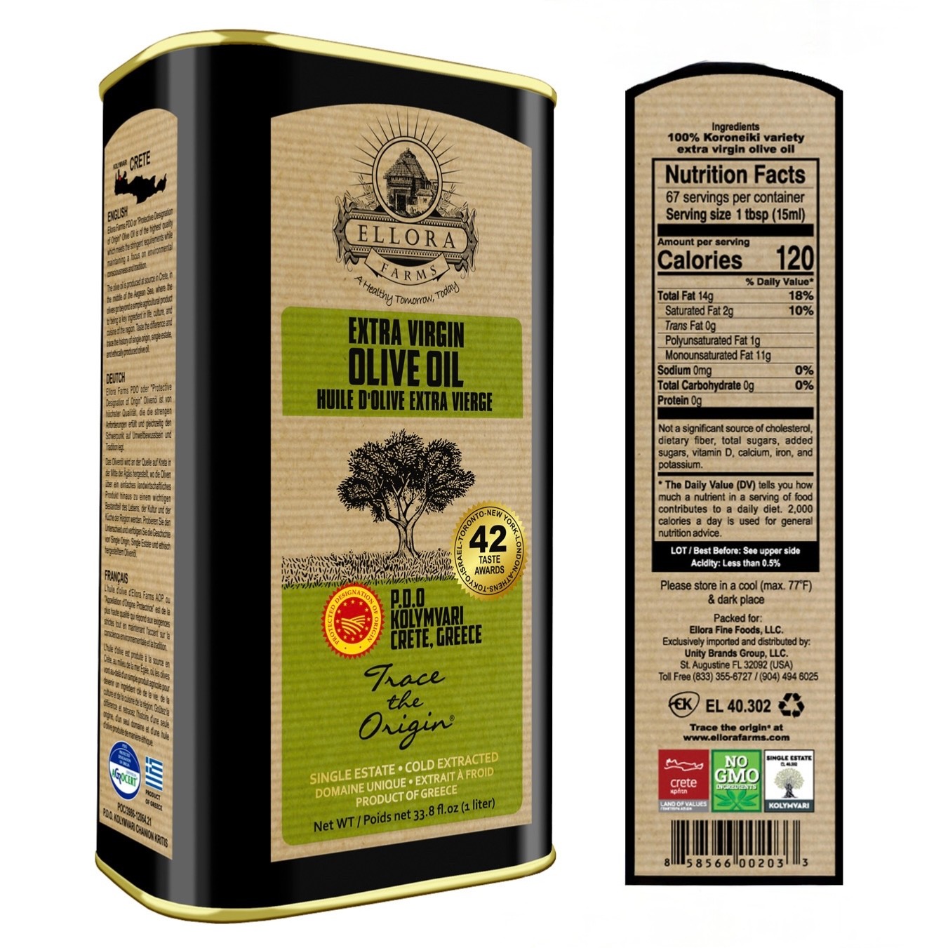 Ellora Farms, Greek Extra Virgin Olive Oil, Single Estate, 1 Lt. Tin
