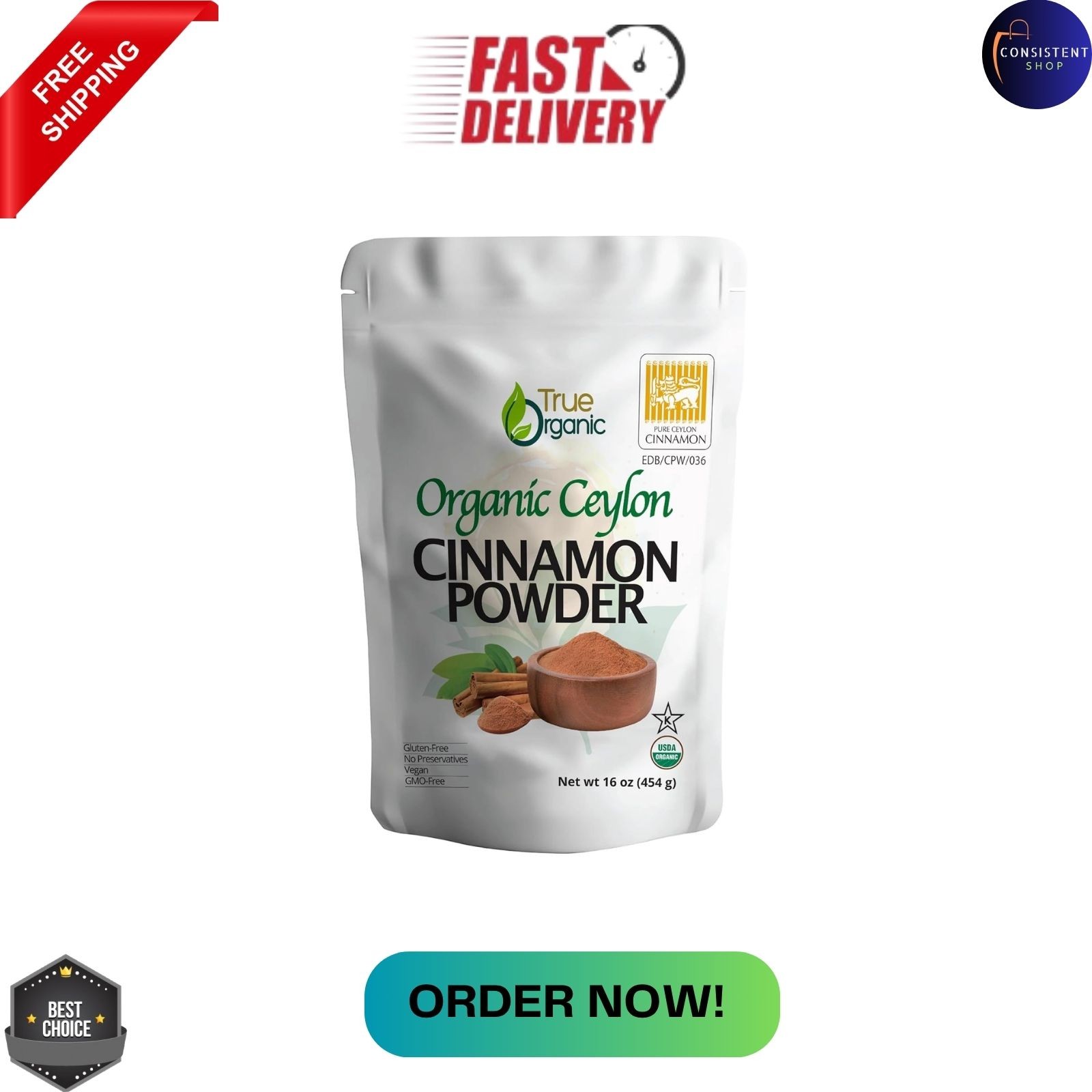 True Organic Ceylon Cinnamon Powder, 1 lb, Premium Grade, Gluten Free