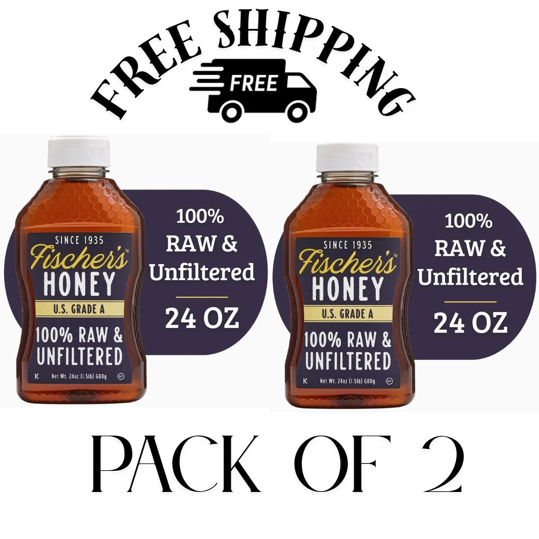 Fischers Honey, 24oz Raw and Unfiltered, Local 100% US Grade Squeeze Bottle 2pk