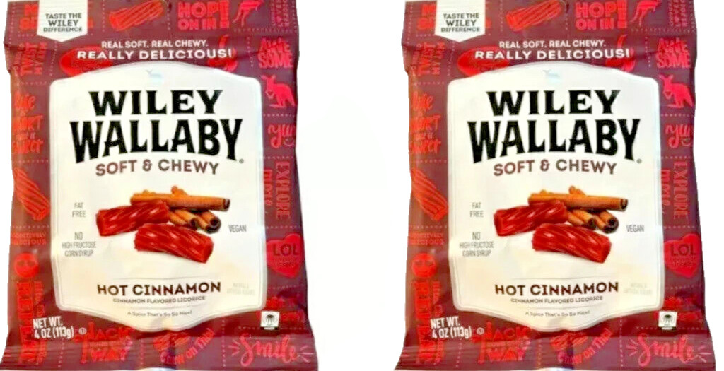 2 Pack Wiley Wallaby Soft & Chewy 4 oz each bag HOT CINNAMON Gourmet Licorice