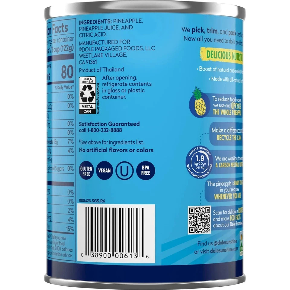 (4 Pack) Dole Crushed Pineapple in 100% Juice – 20 oz Cans, Ready-to-Eat Fruit