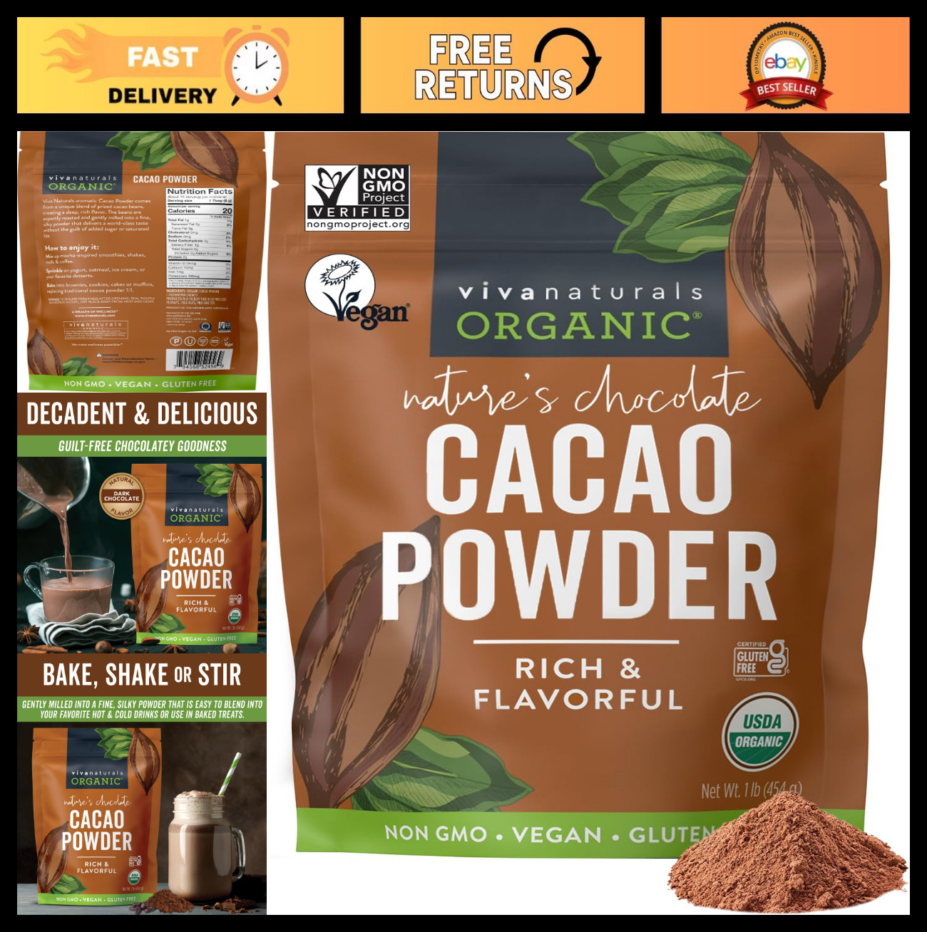 Organic Unsweetened Cacao Powder 1 lb – Rich Dark Chocolate for Baking, Smoothie