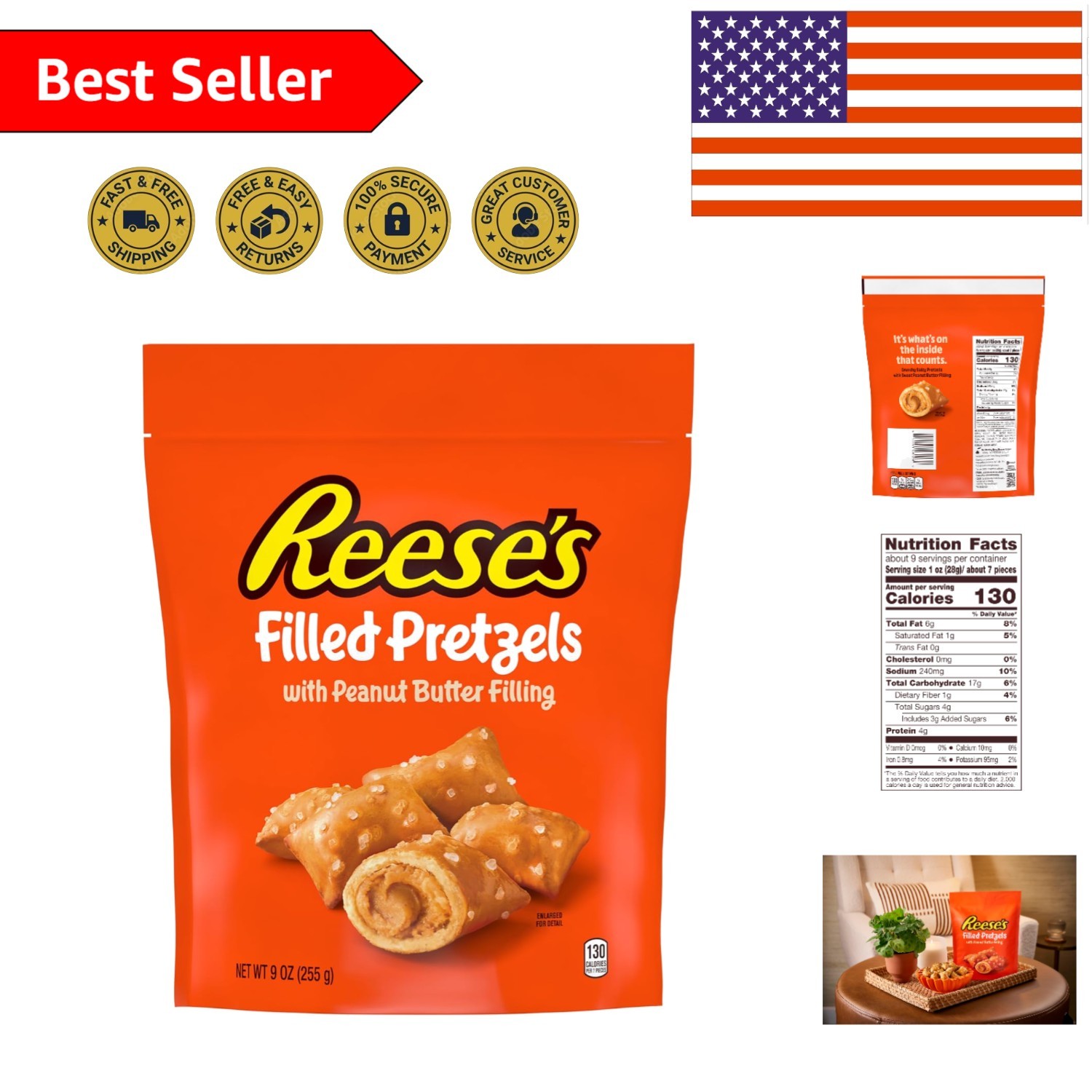 Filled Pretzels 9oz Resealable Bag – Crunchy Peanut Butter Snack Delight