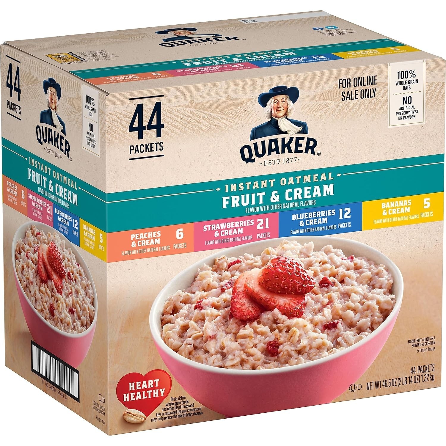 Quaker Instant Oatmeal Fruit & Cream Variety Pack, Single Serve Packets, (44 Pac