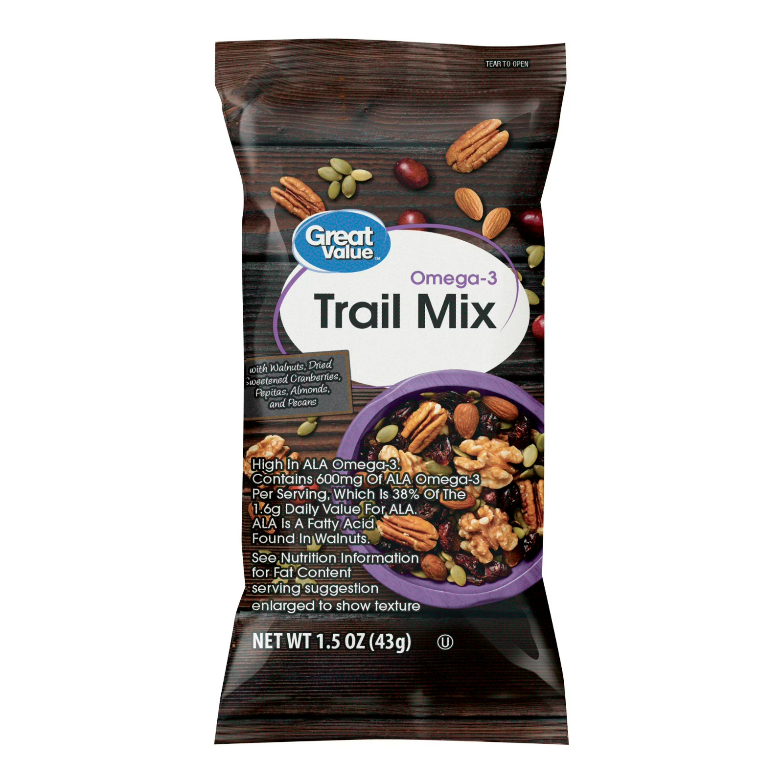 Great Value Omega-3 Trail Mix Snack Packs Nuts Dried Fruit 1.5oz 8 Count..