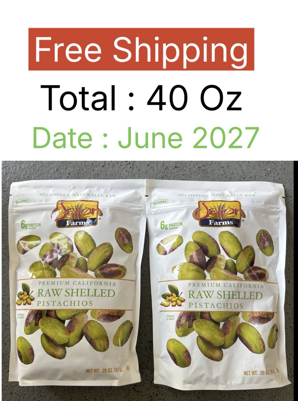 2 Setton Farms Naturally Raw Shelled Pistachios No Shell Non-GMO 40 Oz