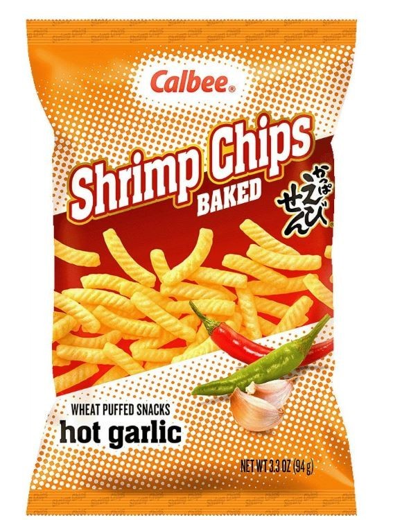 (3 pack) Calbee Shrimp Chips Baked Hot Garlic Flavored Shrimp Chips 3.3oz Bag