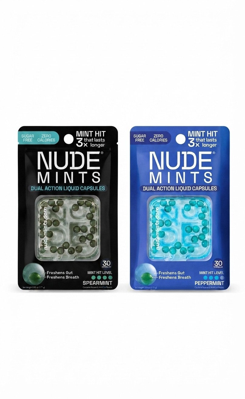 Two NUDE MINTS Dual Action Liquid Capsules (Peppermint & Spearmint)