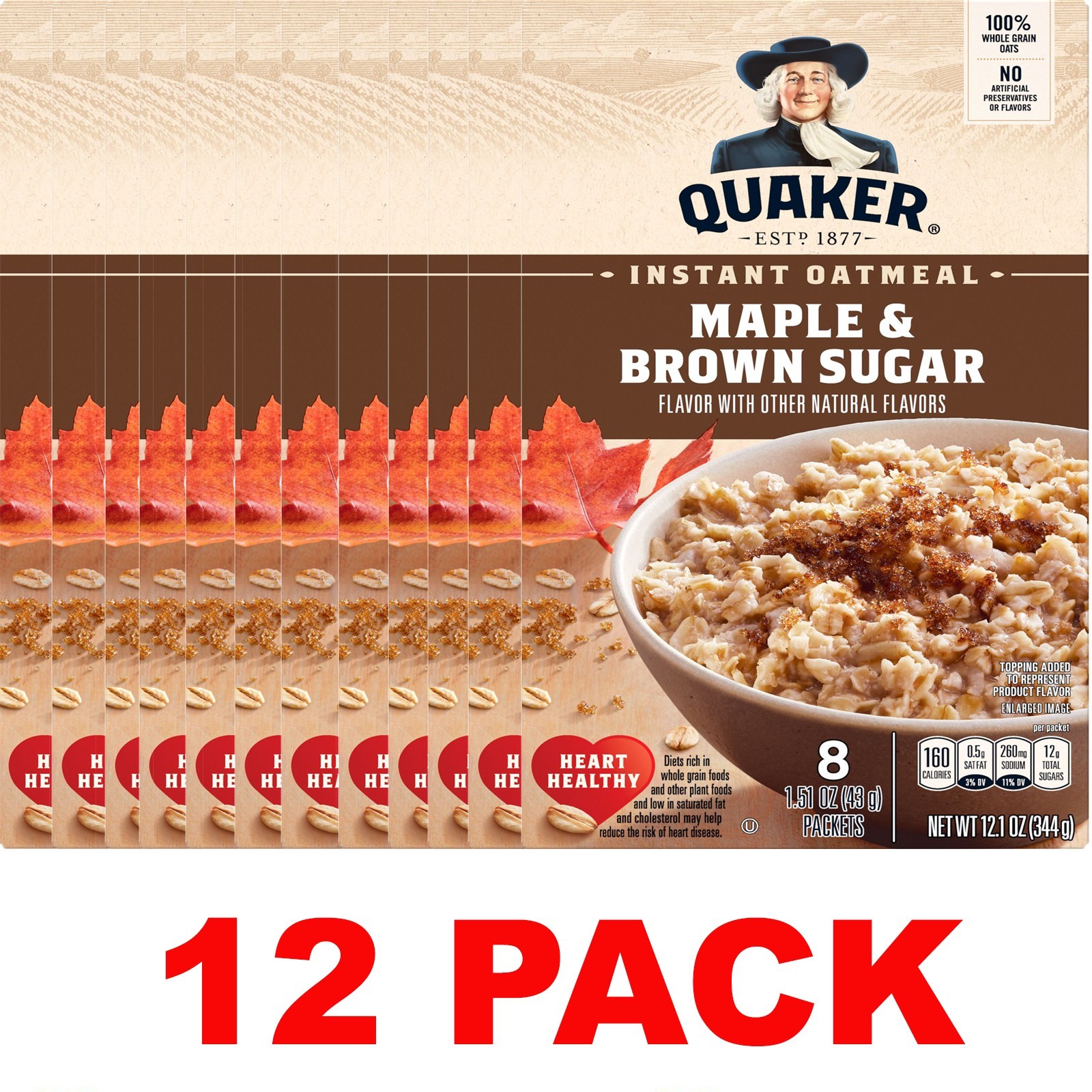 QUAKER Maple & Brown Sugar Instant OATMEAL Whole Grains – 12.1 oz Box – 12 PACK