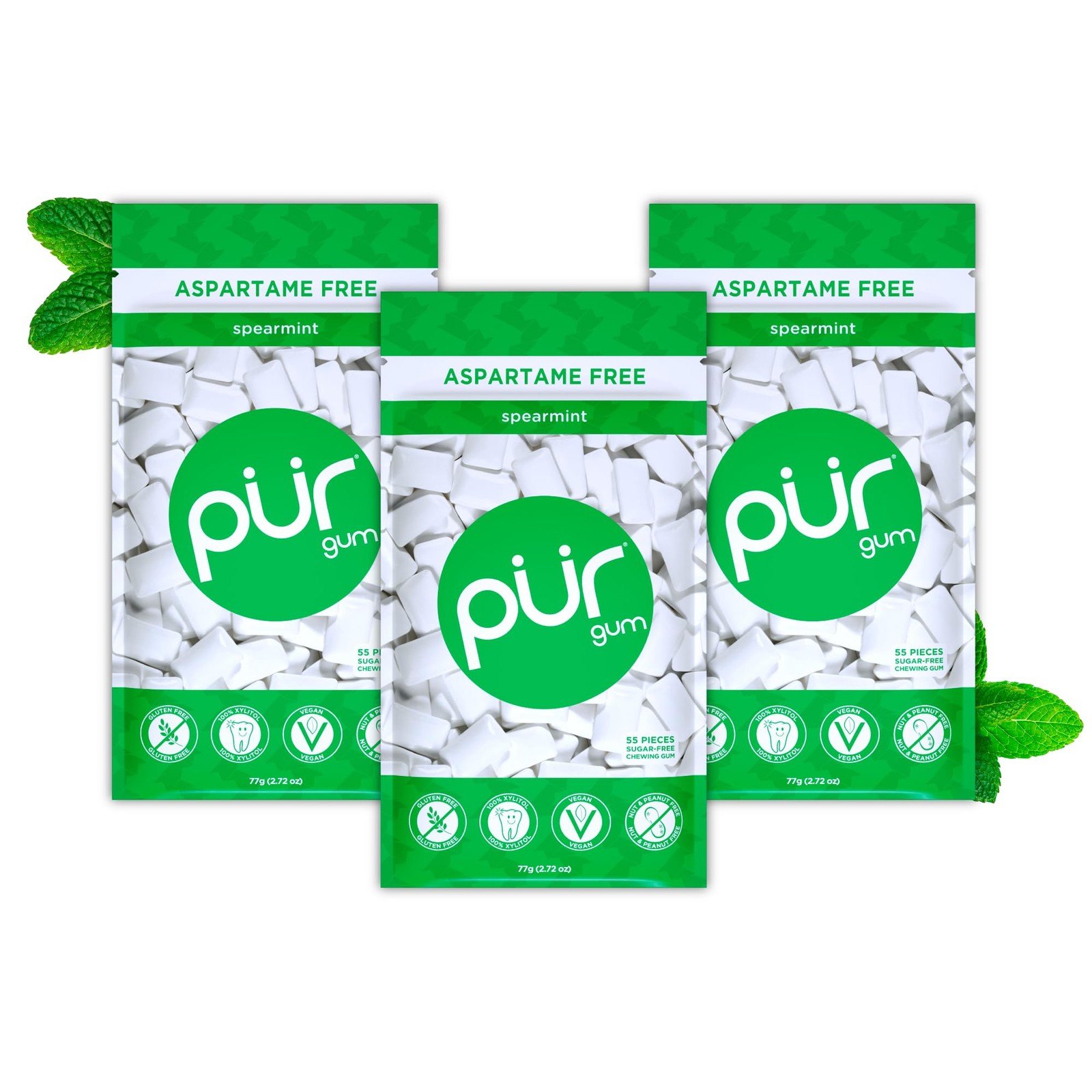 PUR Gum | Aspartame Free Chewing | 100% 55 Count (Pack of 3), Spearmint