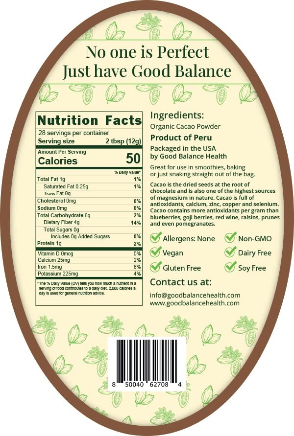 Good Balance Health Organic Cacao Powder | Raw Unsweetened Cacao Powder for