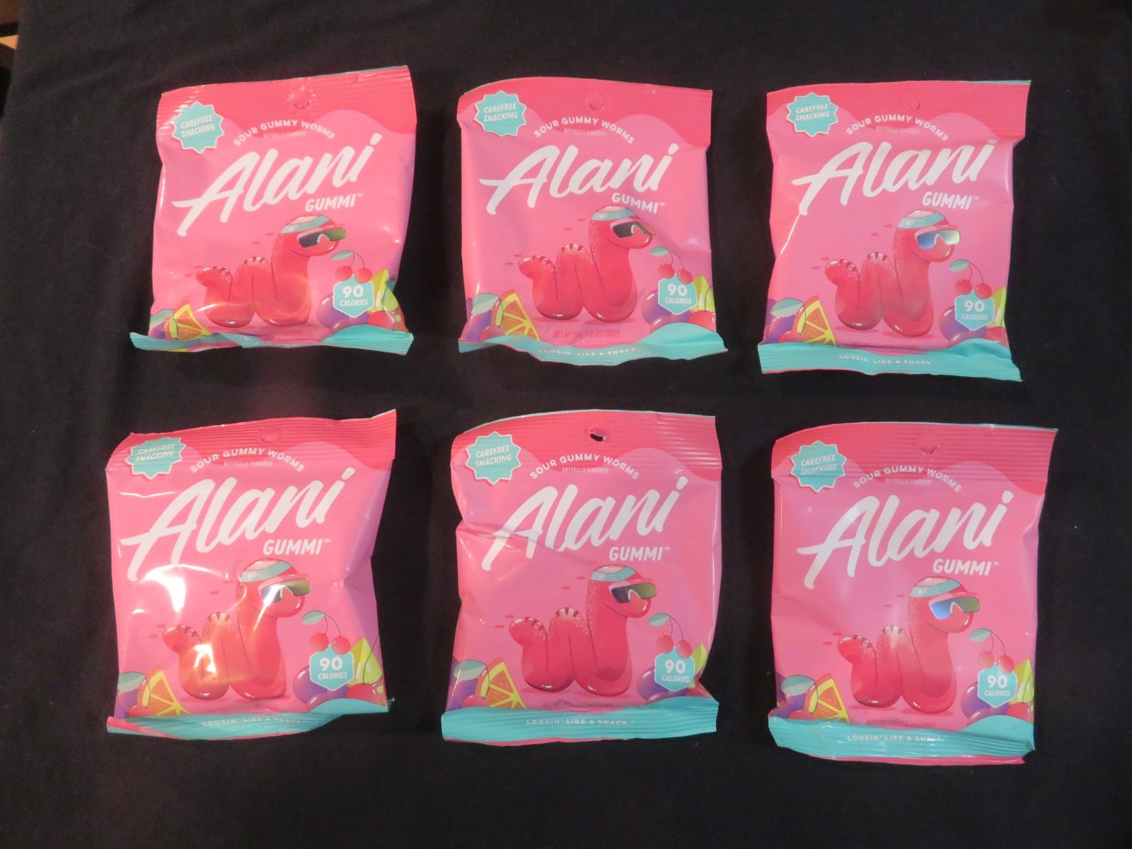 (6) Bags Alani Nu Gummi Sour Gummy Worms 1.8 Oz Each Orange, Grape & Fruit Punch