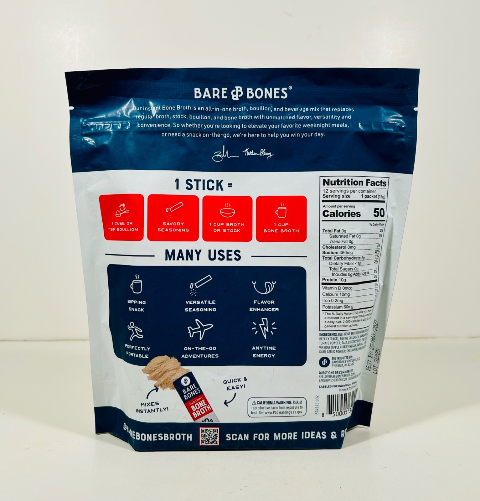 Bare Bones Instant BEEF Bone Broth, Grass Fed/GF, 10g Protein, 12 Sticks, 2027