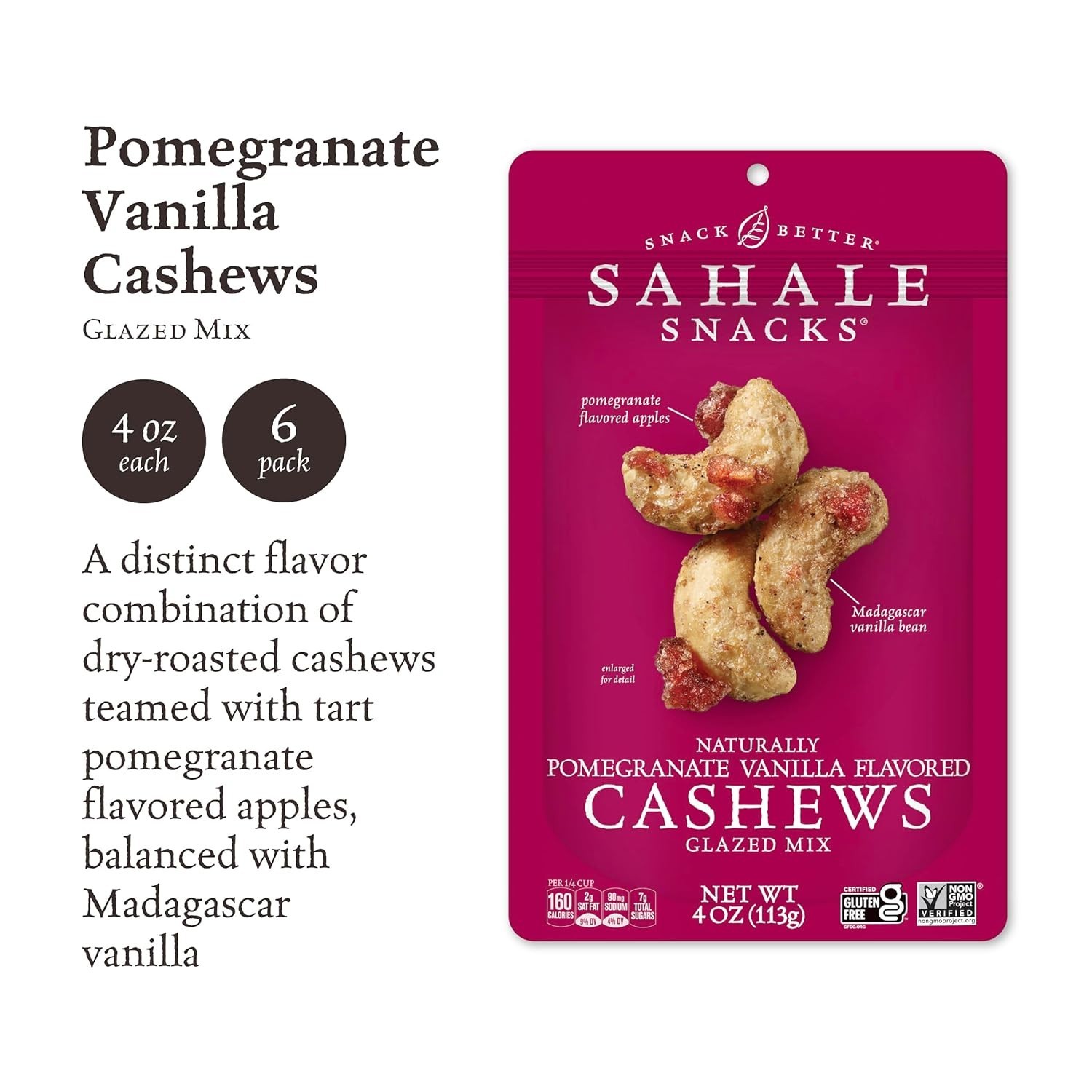 Sahale Snacks Pomegranate Vanilla Cashews 4oz 6 Pack Glten Free Non GMO Nuts