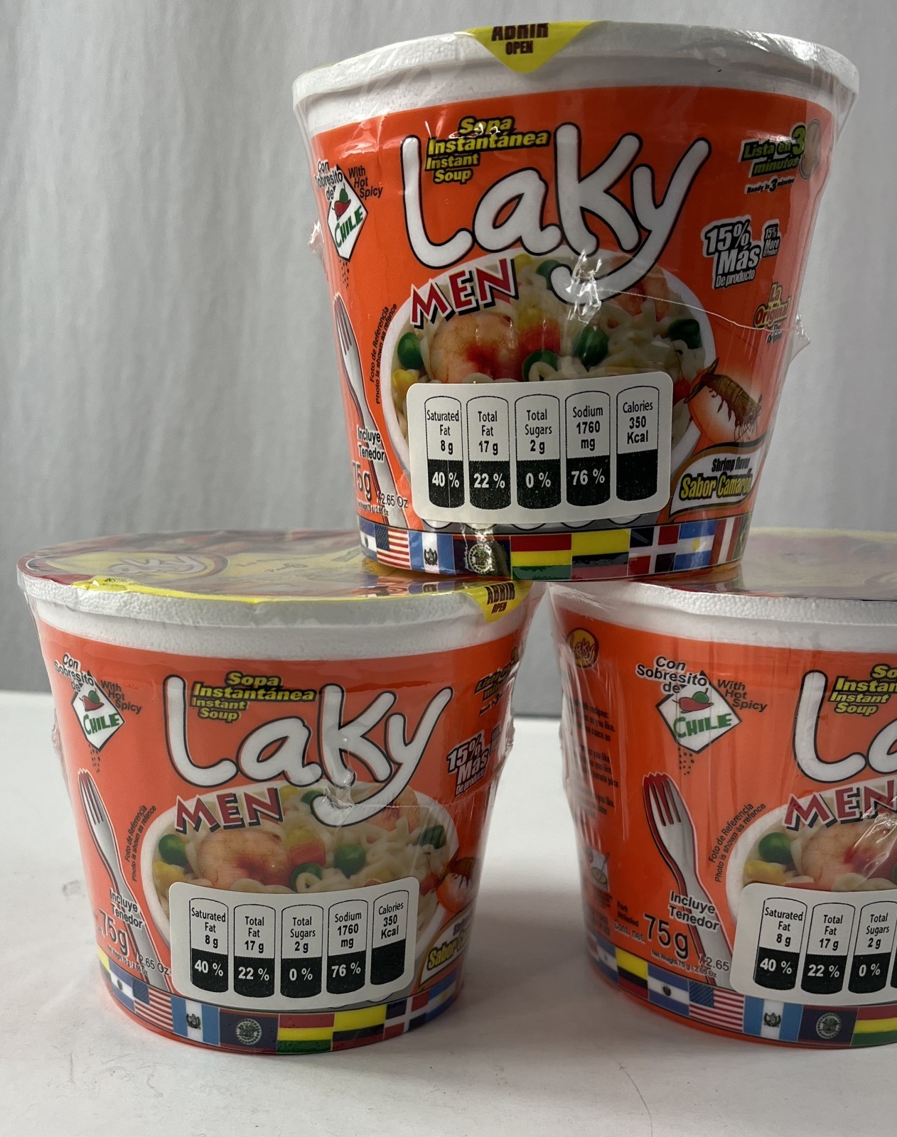 Laky men Shrimp flavor Instant soup 2.65 oz x 3 New. Product of Guatemala
