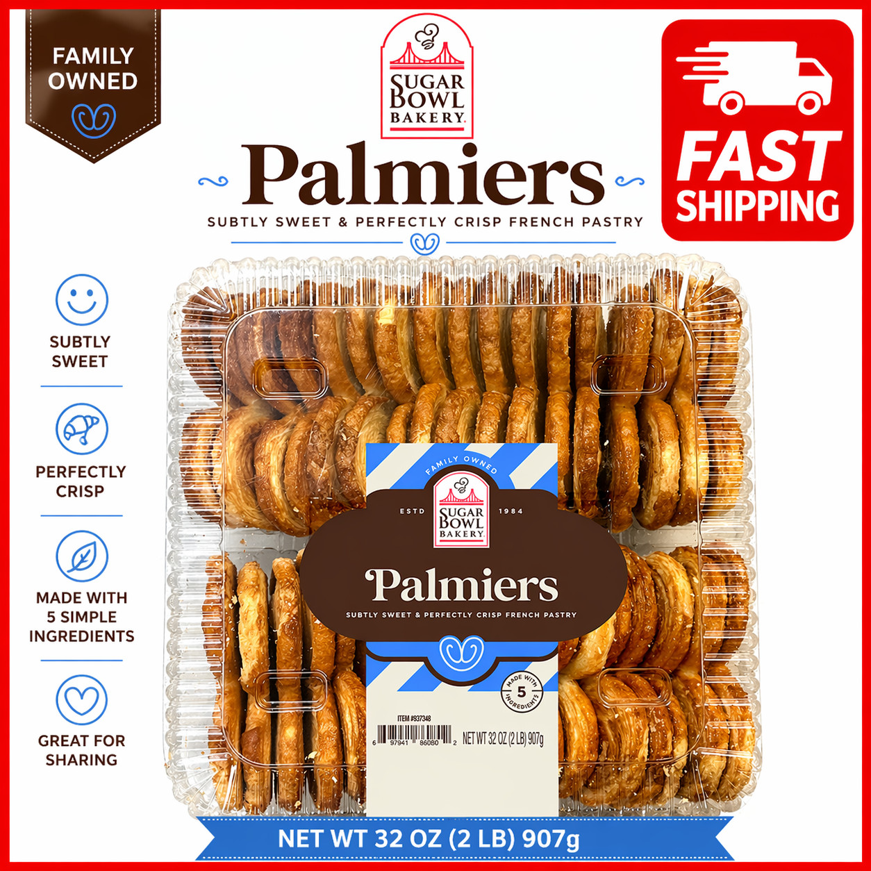 Sugar Bowl Bakery Petite Palmiers, French Style Favorite Cookies 2 LB, Kosher