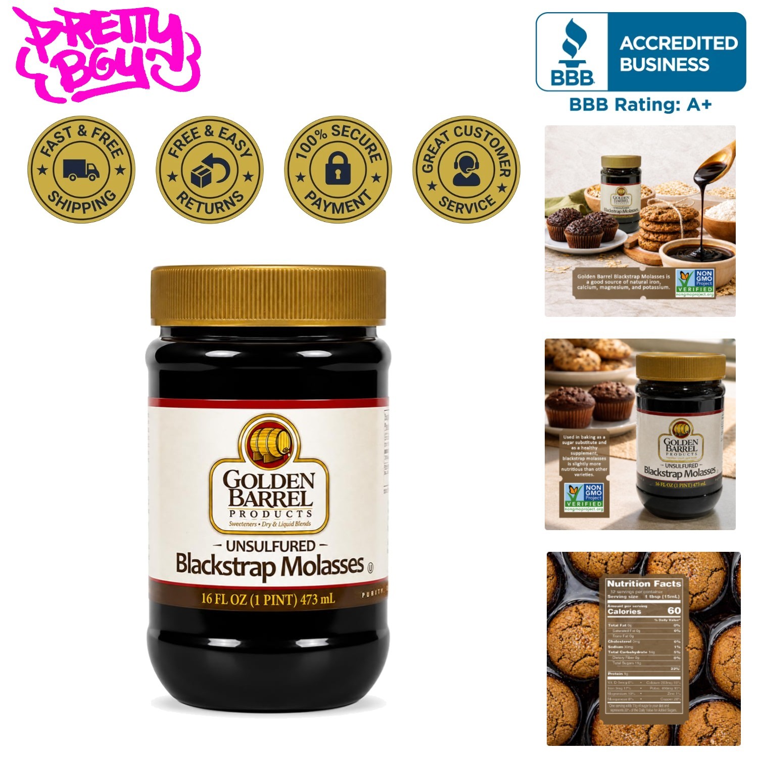 16 Oz Blackstrap Molasses – Unsulfured, Rich Flavor for Health-Conscious Bakers