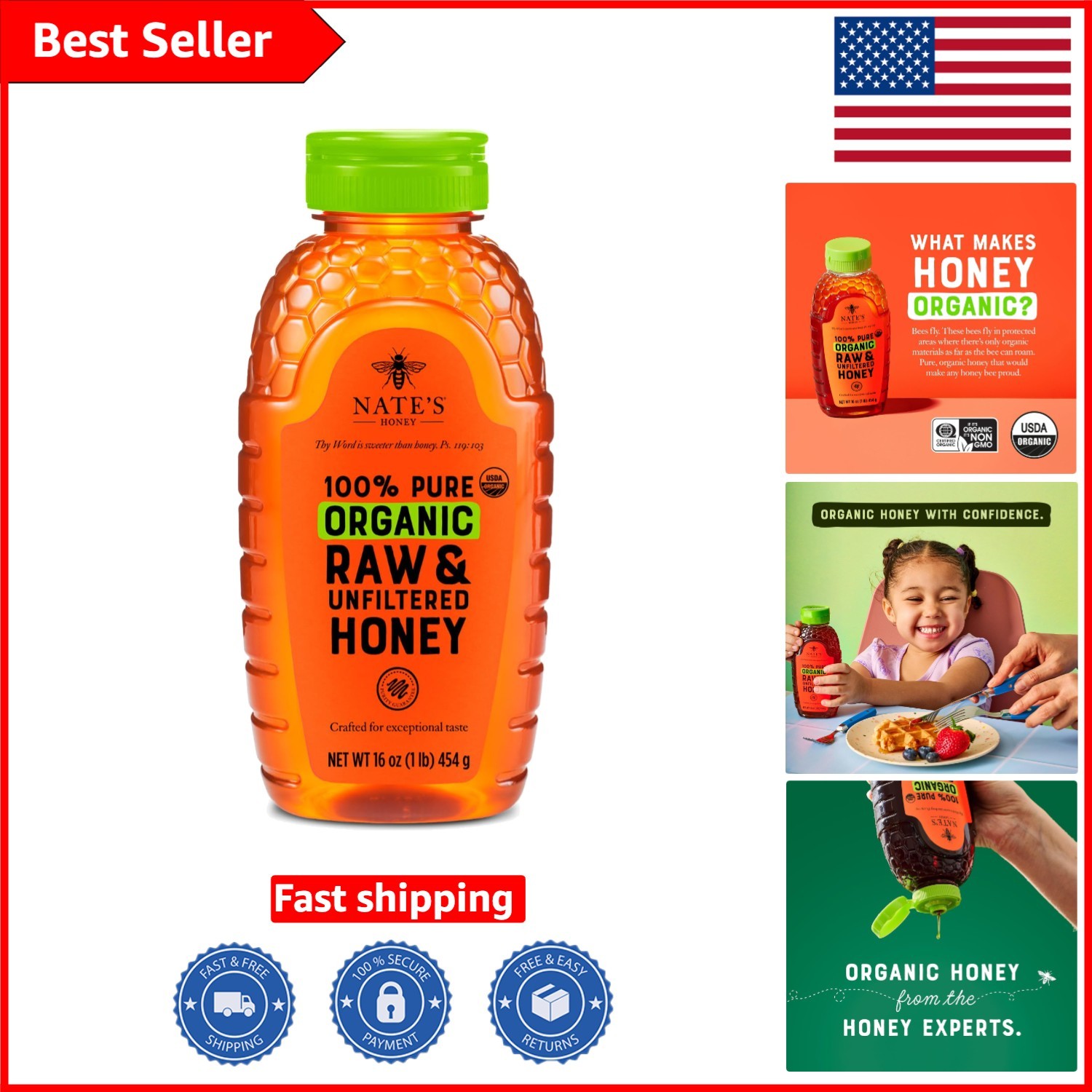 Nature Nate’s 100% Pure Organic Raw Honey – 16oz Squeeze Bottle, Gluten-Free