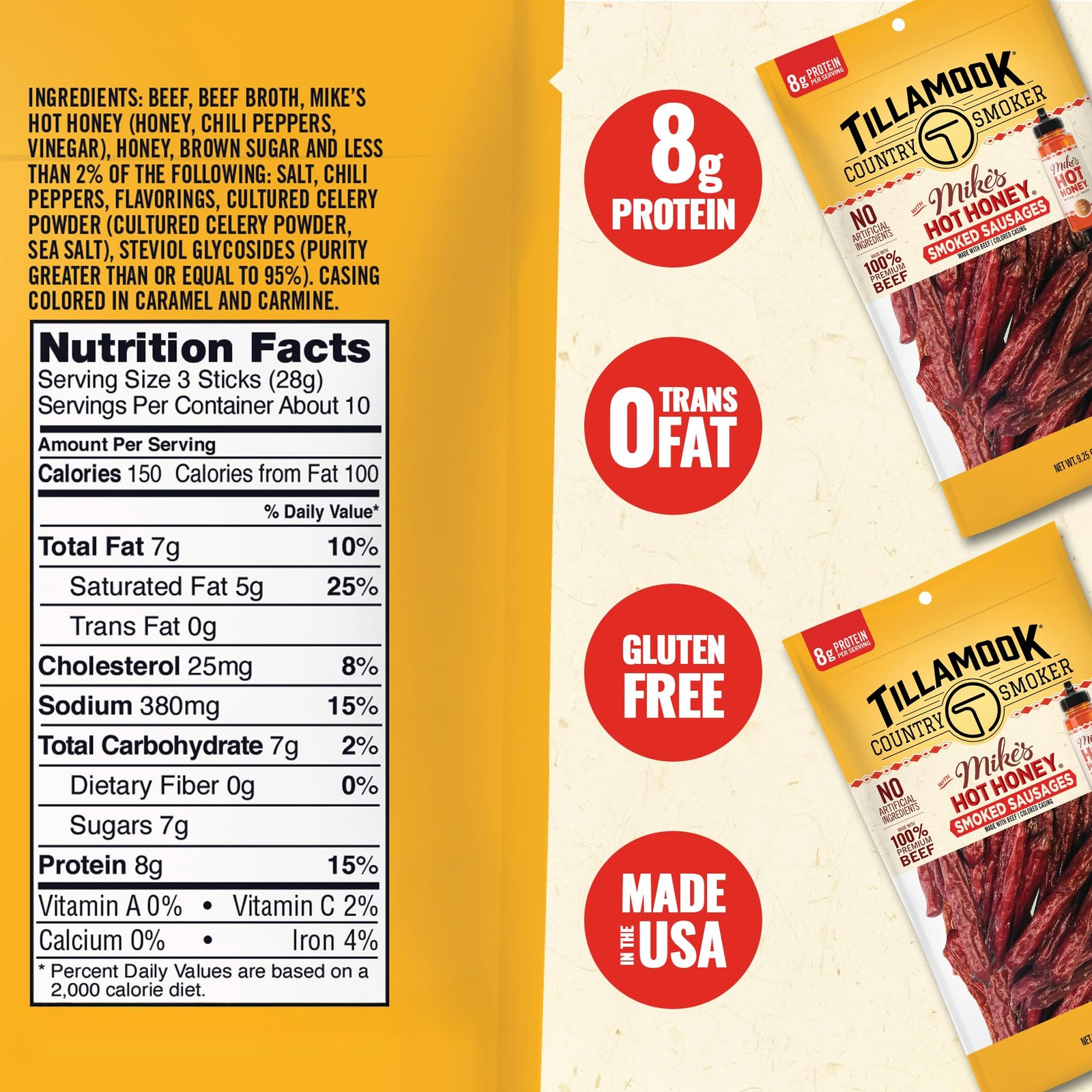 Tillamook Country Smoker 100% Beef Smoked Sausage, Mike’s Hot Honey, 9.25oz