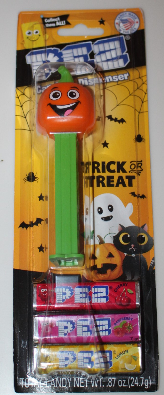 Pez Dispenser Halloween w 3 Candy Rolls – Green w Pumpkin Best By 03/28 – Sealed