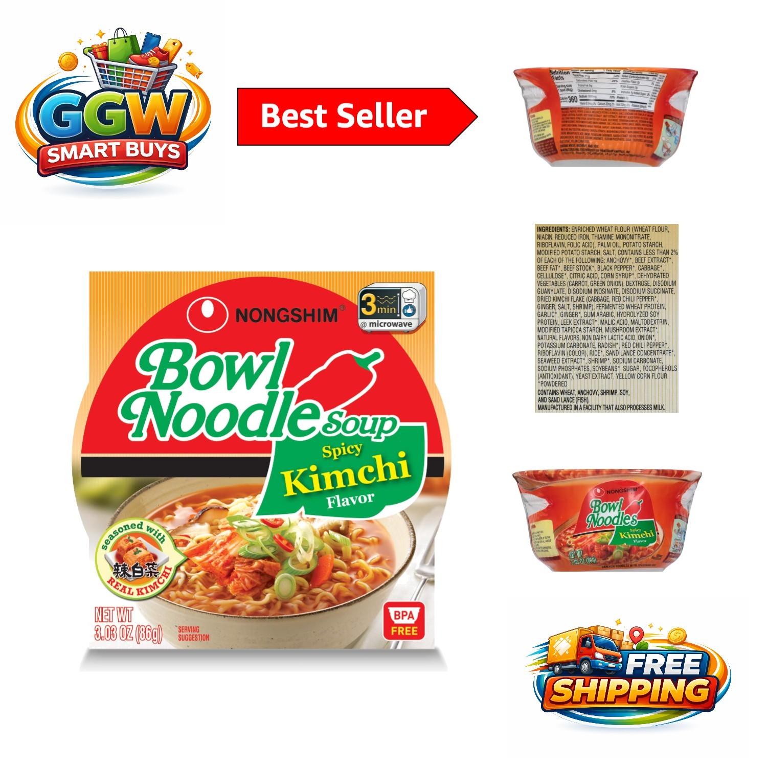 Gourmet Instant Ramen Bowl – Spicy Kimchi Flavor, 3.03 Ounce, Ready in Minutes