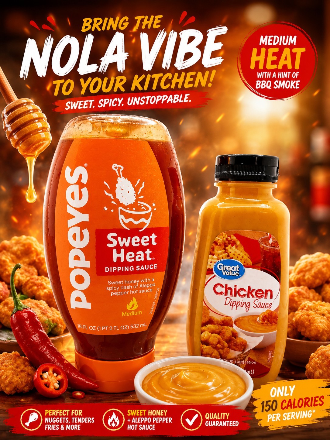 Popeyes Sweet Heat + Great Value Chicken Dipping Sauce Bundle Honey Mustard