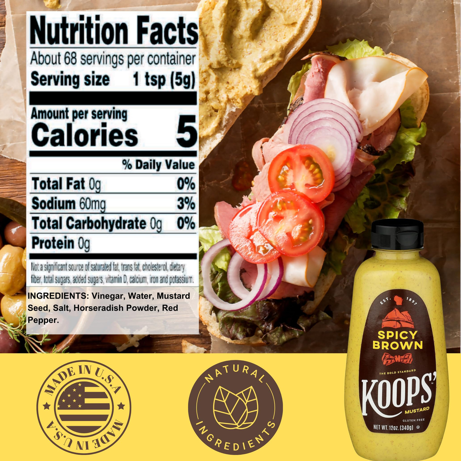 Koops Spicy Brown Mustard 12 Ounce Bold Flavor Condiment Squeeze Bottle