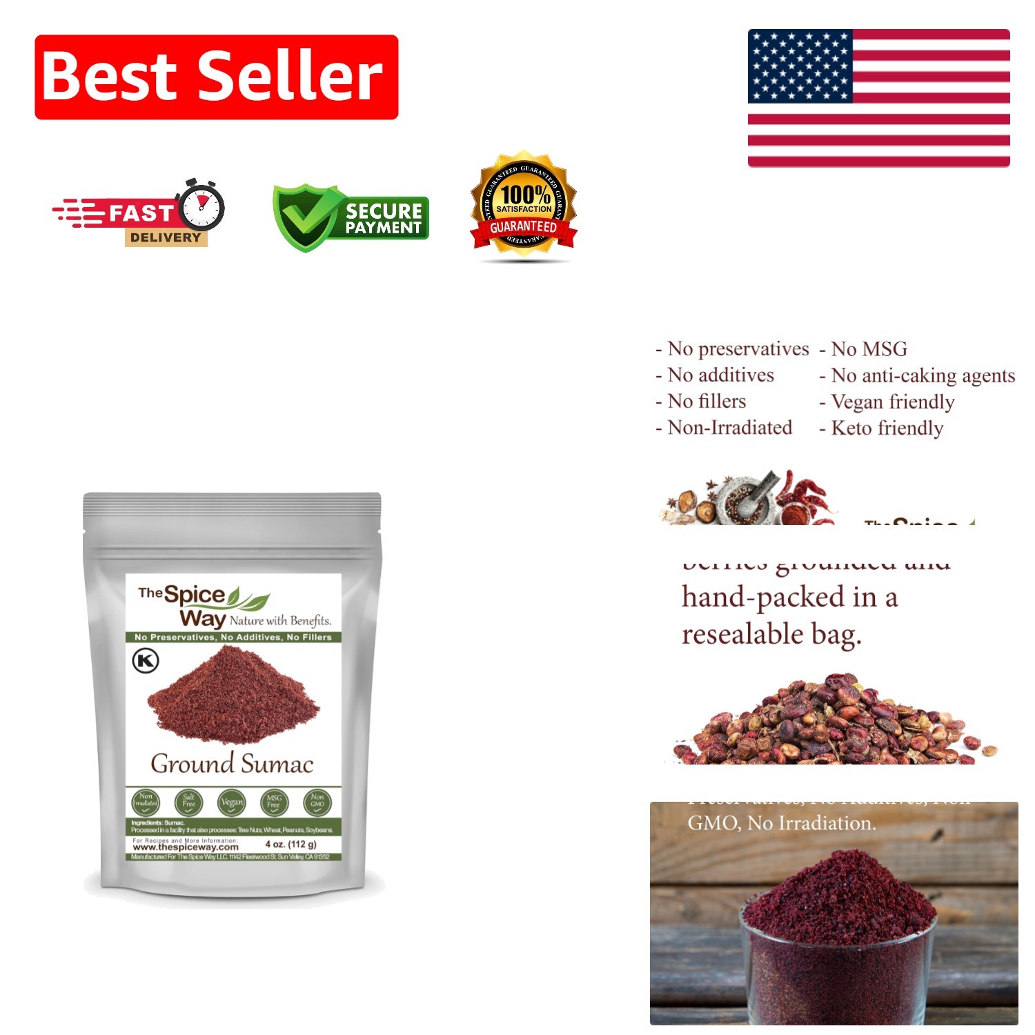 Authentic 100% Pure Ground Sumac Spice – 4 oz Seasoning Powder for Dips & Salads