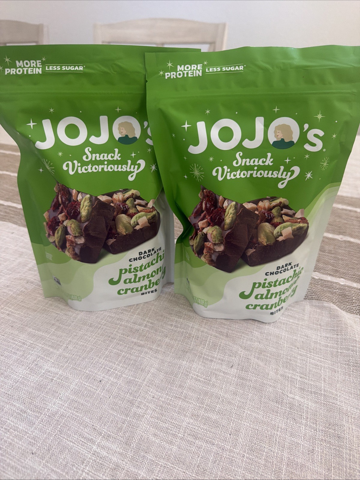 2 Packs Of Jojo Dark Chocolate Pistachio Almond Cranberry Bites 14.4oz Each