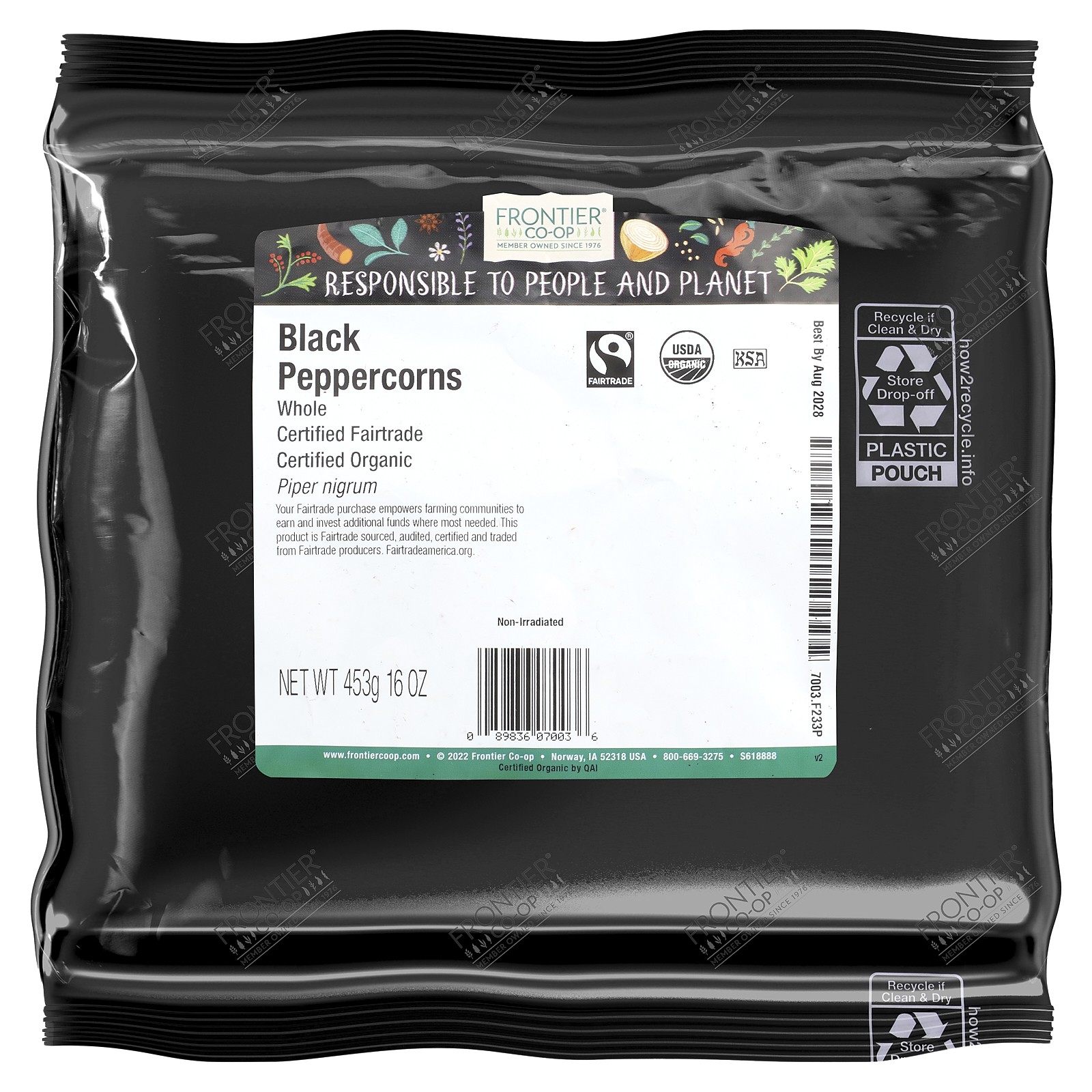 Organic Fair Trade Whole Black Peppercorns, 16 oz (453 g)