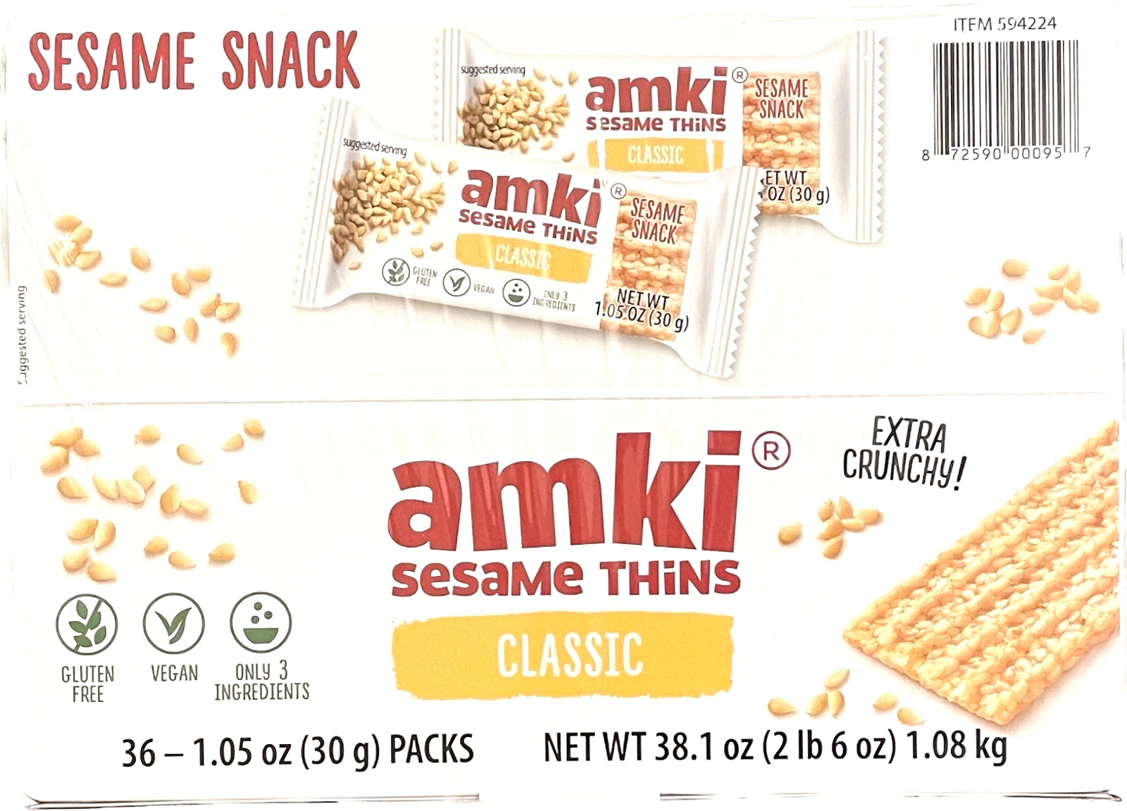 Amki Sesame Thins Classic 38.1oz (36 Packs) – Gluten Free, Vegan Snack Kosher