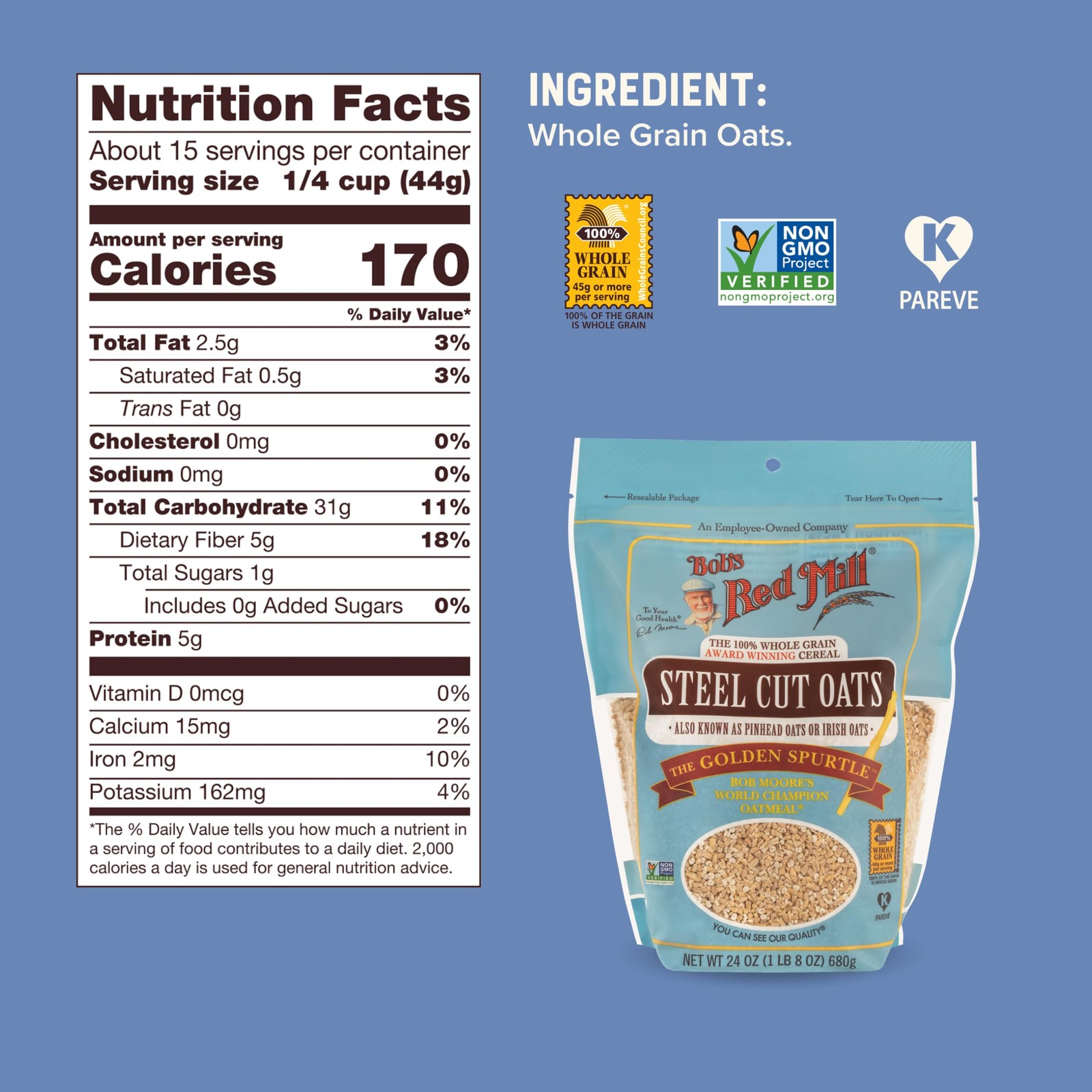 Steel Cut Oats, 24oz (Pack of 4) – Non GMO, Whole Grain, Vegan, Kosher
