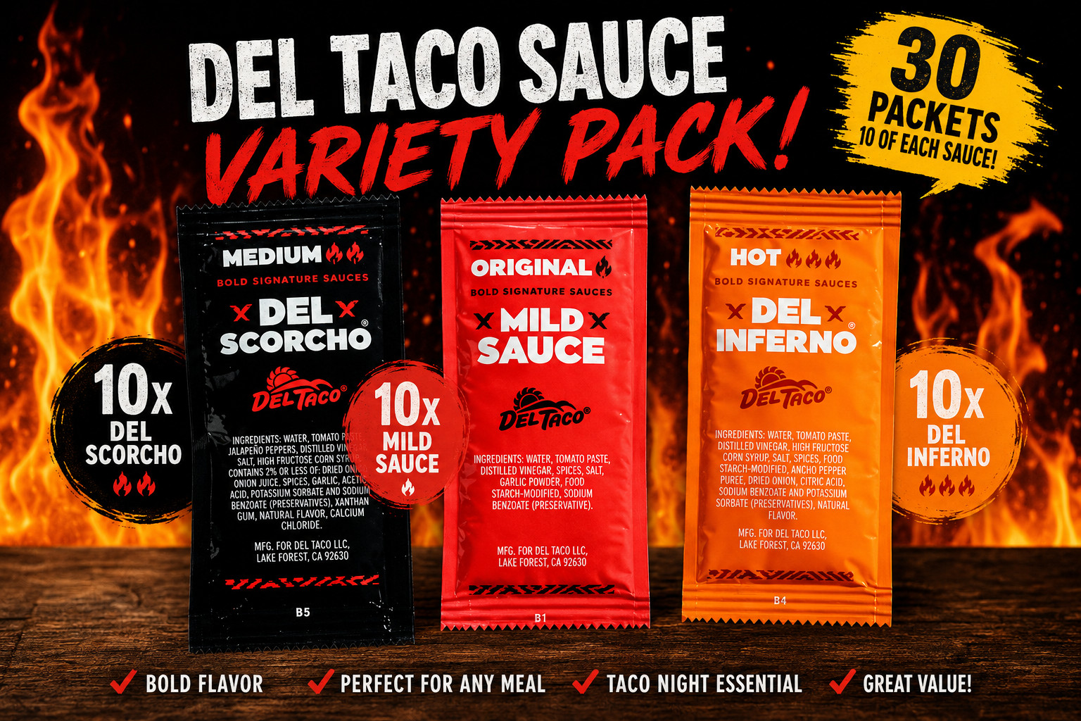 Del Taco Variety Sauce Pack (Mild, Medium & Hot) 10 of Each – 30 Total Packs