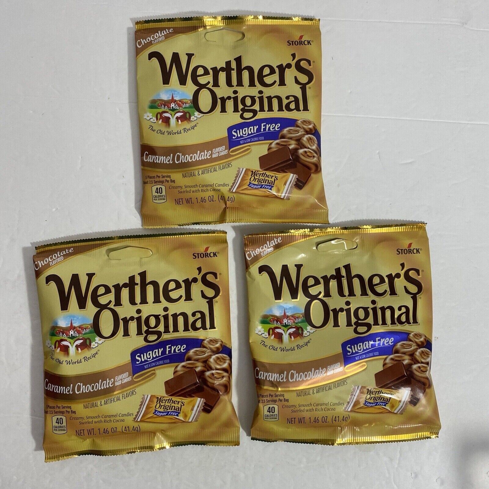 Werther’s Original SUGAR FREE CARAMEL CHOCOLATE Hard Candies 1.46oz bag (3 bags)