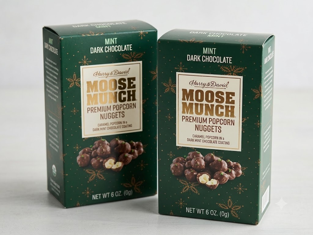 2x Harry & David Moose Munch Gourmet Dark Chocolate Mint Popcorn Nuggets 6 oz.