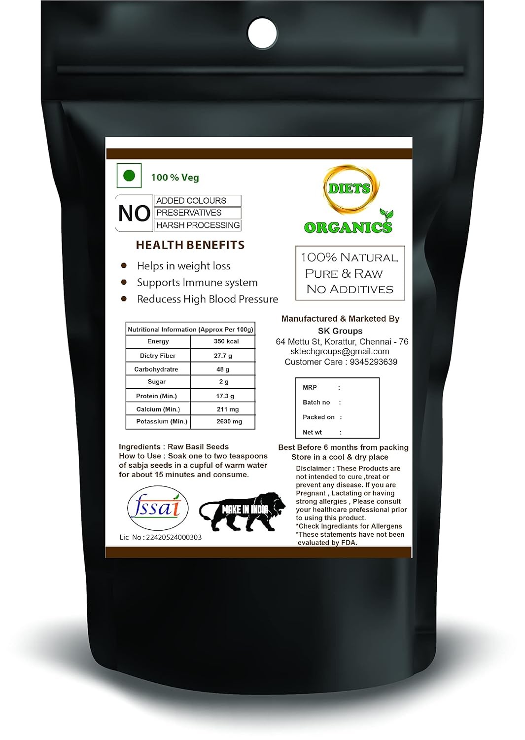 Diets Organics Sabja Basil Seeds 300gm