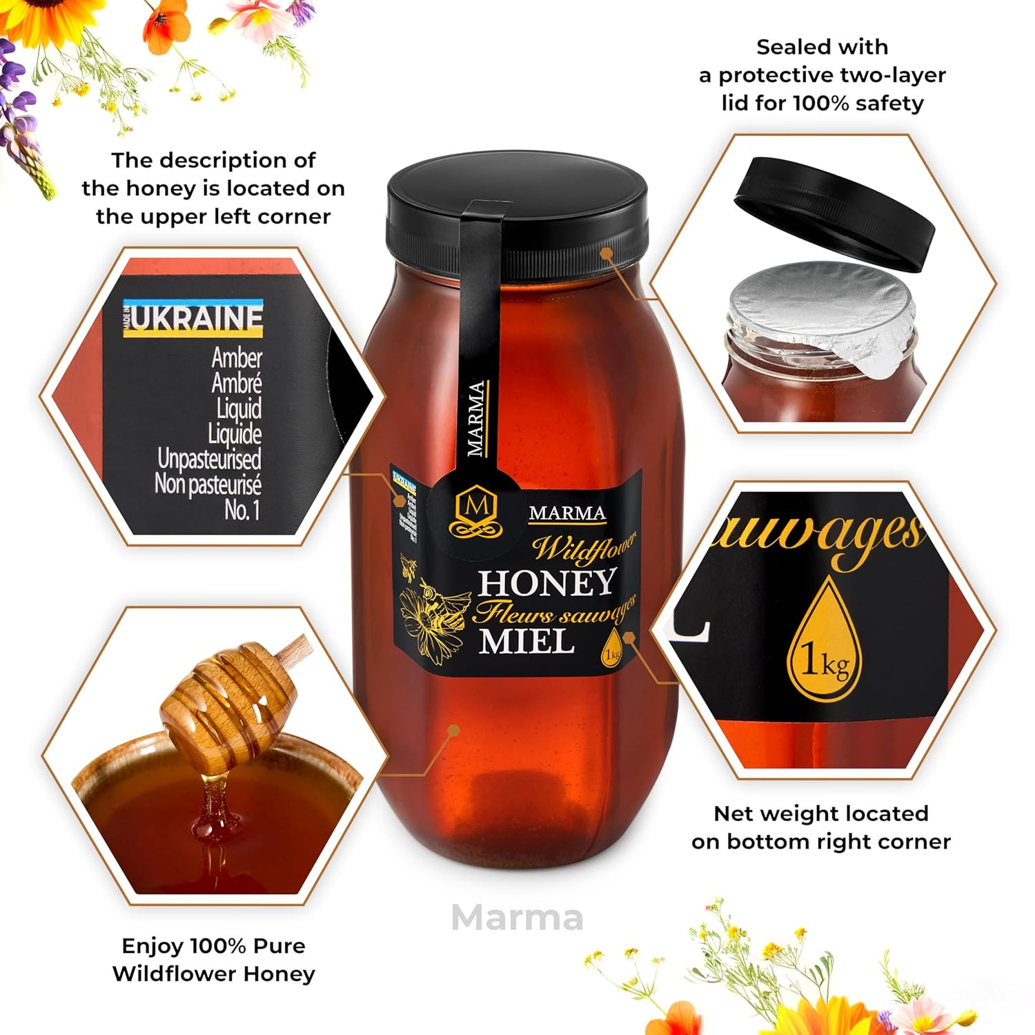 Marma Raw Wildflower Honey Ukraine 2 Pack 1000g Each Unpasteurized Pure Natural