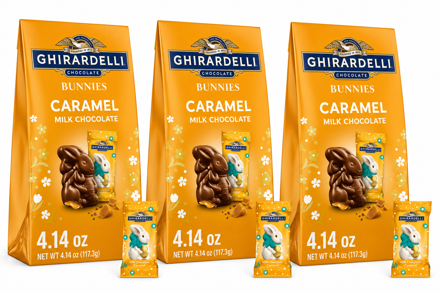3pack Ghirardelli Milk Chocolate Bunnies Caramel 4.1 oz exp 10/2026