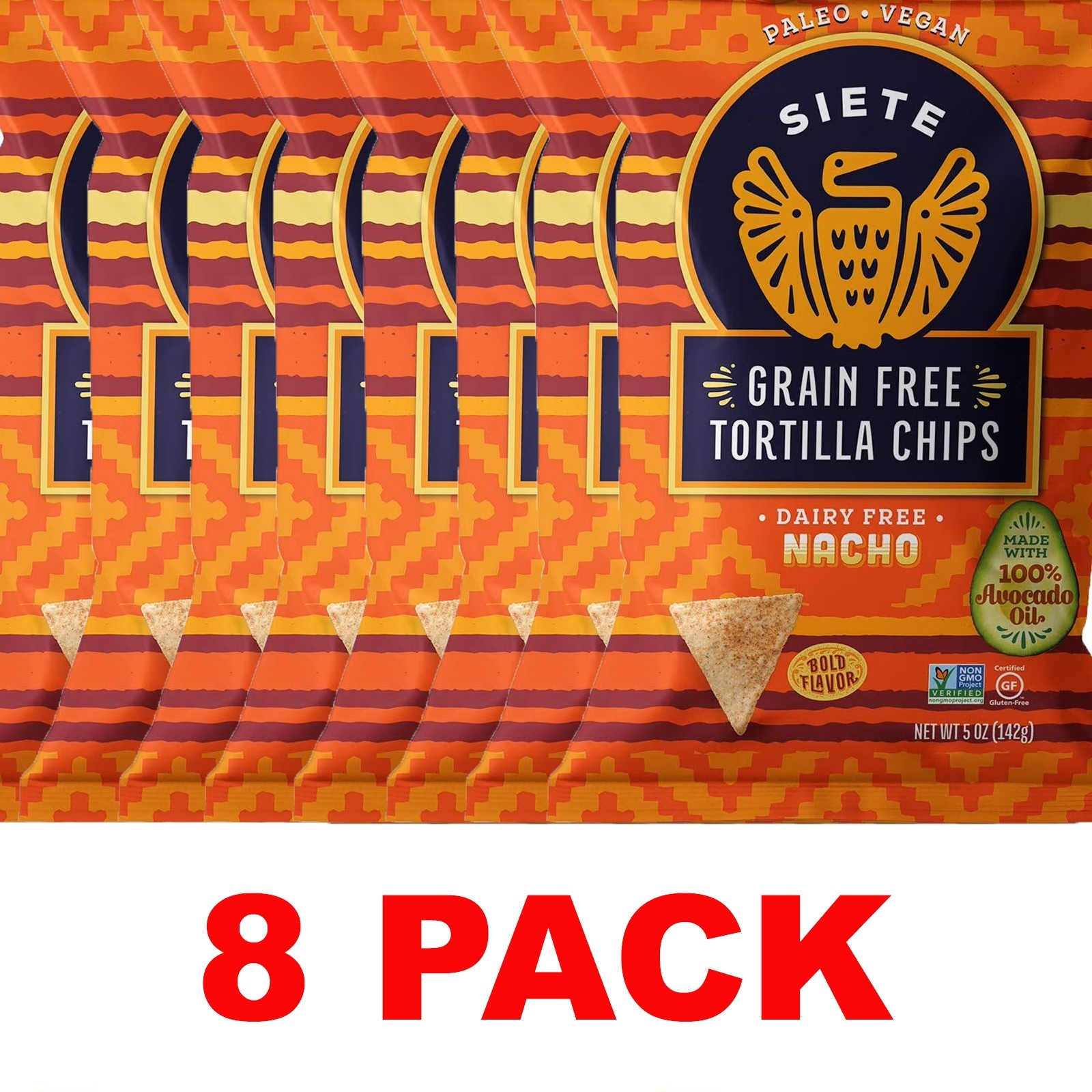 SIETE Dairy Free NACHO TORTILLA CHIPS Grain Free 5 oz Bag – 8 PACK