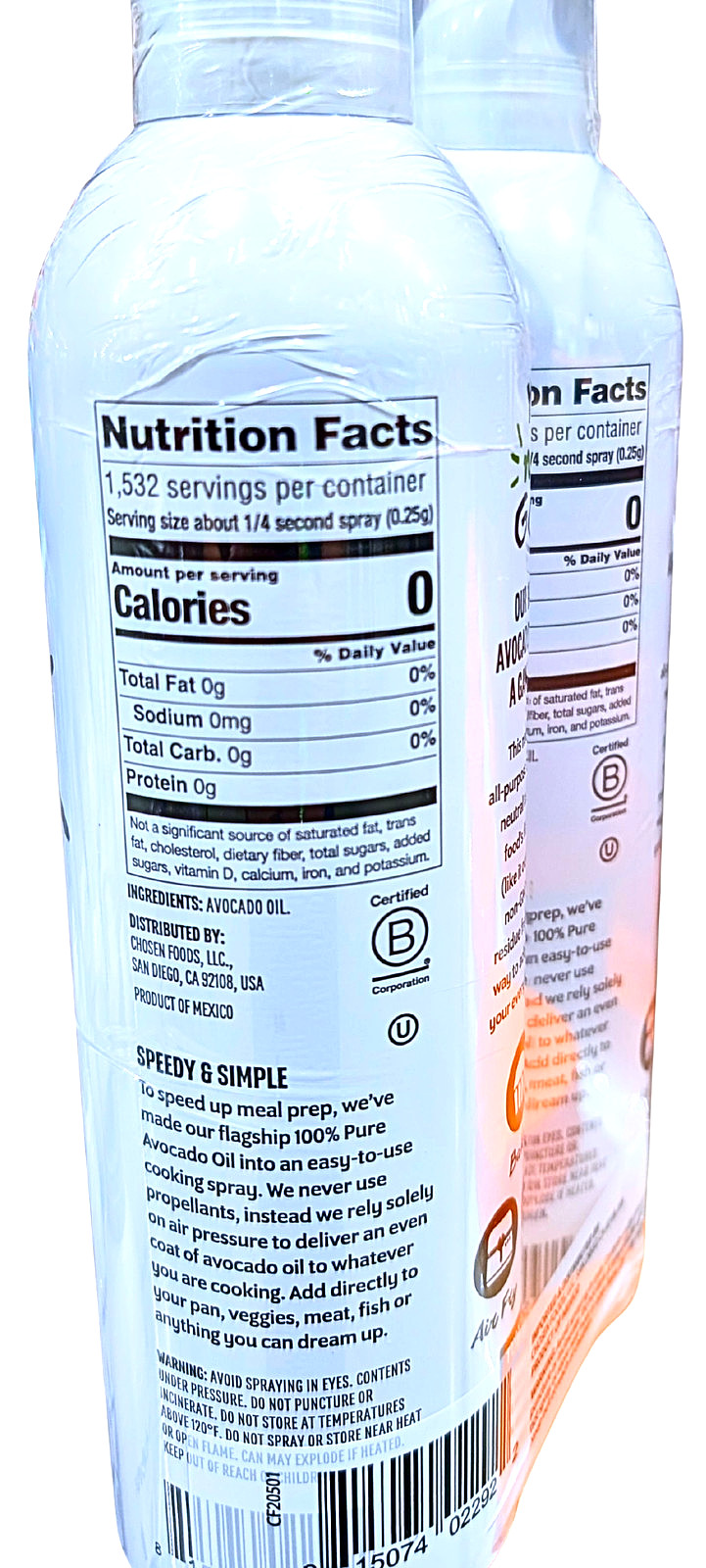 Chosen Foods 100% Pure Avocado Oil Spray 2×13.5 Ounce Cans EXP 10/2026