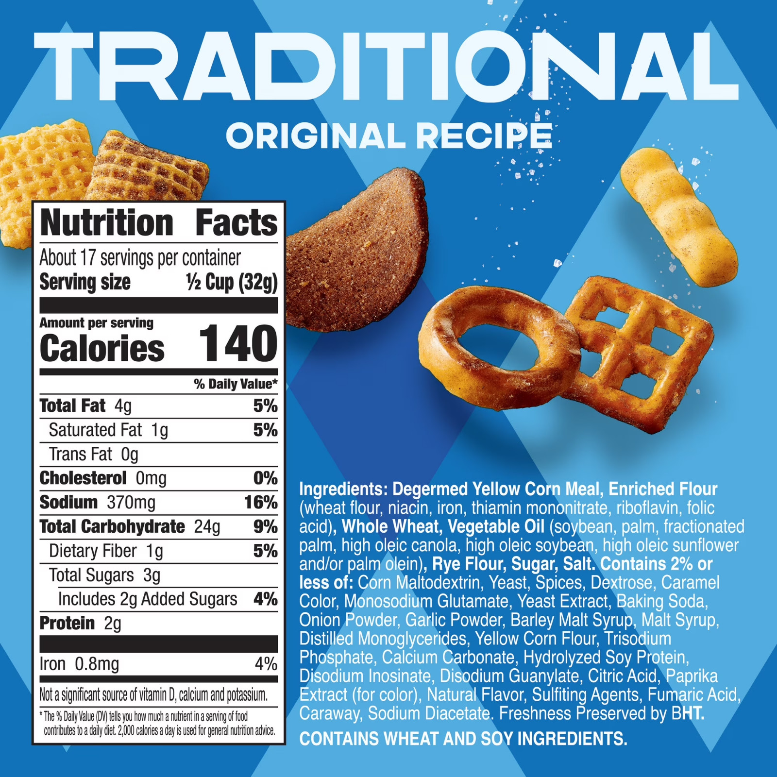 Chex Mix Traditional Snack Mix, Salty Snacks Tub, 20 oz New