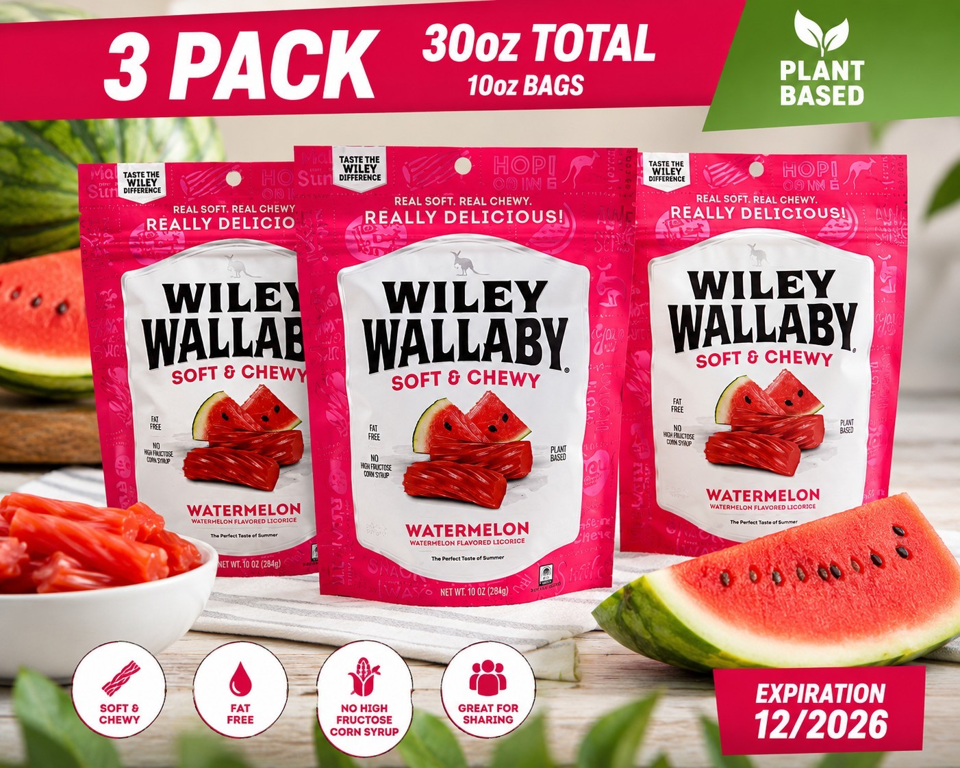 3 Pack Wiley Wallaby Watermelon Licorice Soft & Chewy Candy 10oz Bags 30oz