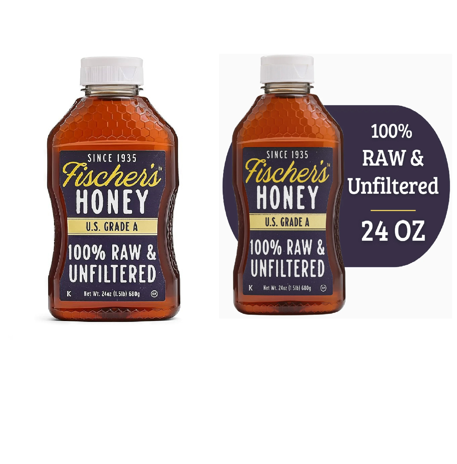 Fischers Honey, 24oz Raw and Unfiltered, Local 100% US Grade Squeeze Bottle 2pk