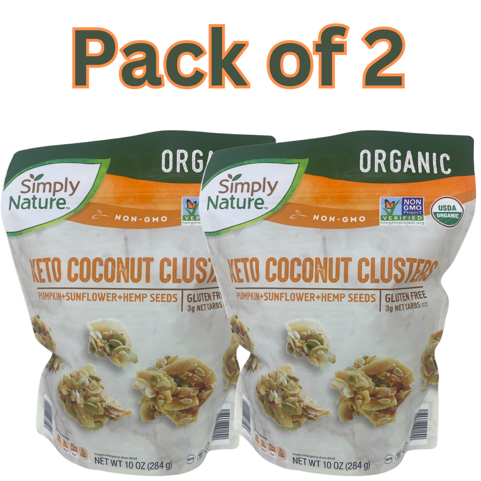 Keto Coconut Clusters Organic Snack with Pumpkin Sunflower & Hemp Seeds 10oz-2pk